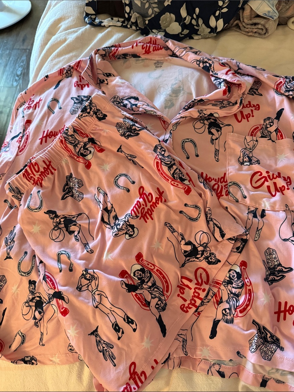 Celebrate It Pink Western Cowgirl Print Pajama Set with Red Accents